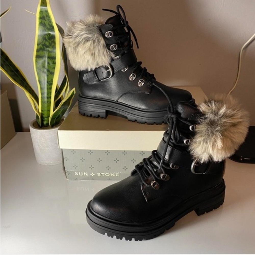 Sun +‎ Stone Black and Cream Fur Combat Boots